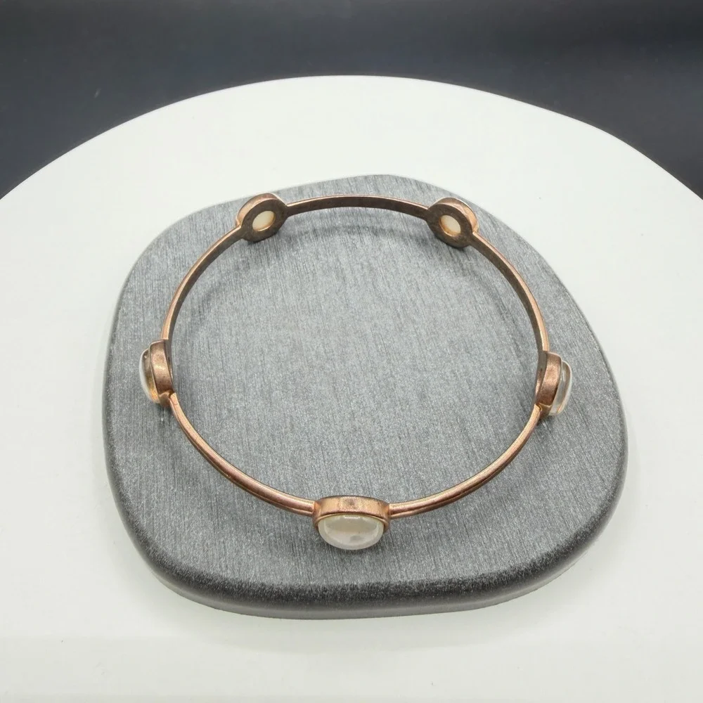 Pearlescent Shell Cabochon Copper Tone Bangle Bracelet Boho Statement Jewelry